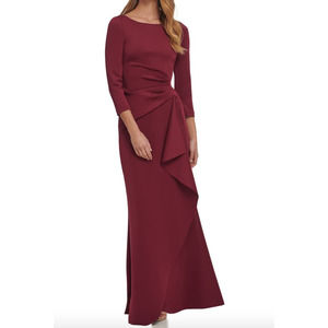 Eliza J Wine Burgundy Techno Pleated Long Sleeve Scuba Trumpet Occasion Gown